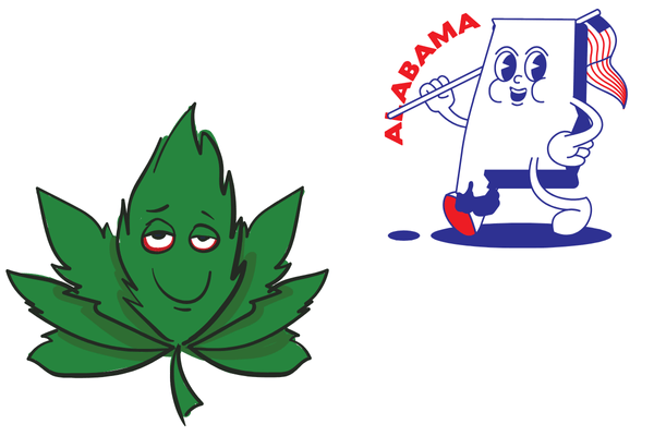 smiley man with Alabama state outline in background walking towards marijuana seeds